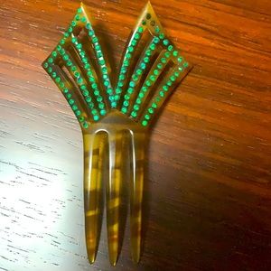 Vintage Faux Tortoise Hair Comb Green Rhinestones